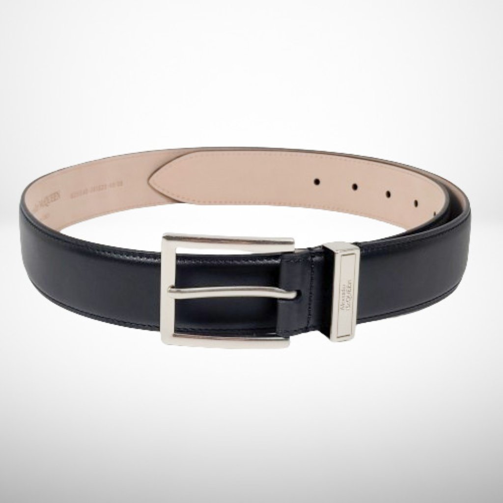 Alexander Mcqueen Men's The Silver Tone Buckle Belt In Black Calfskin Leather